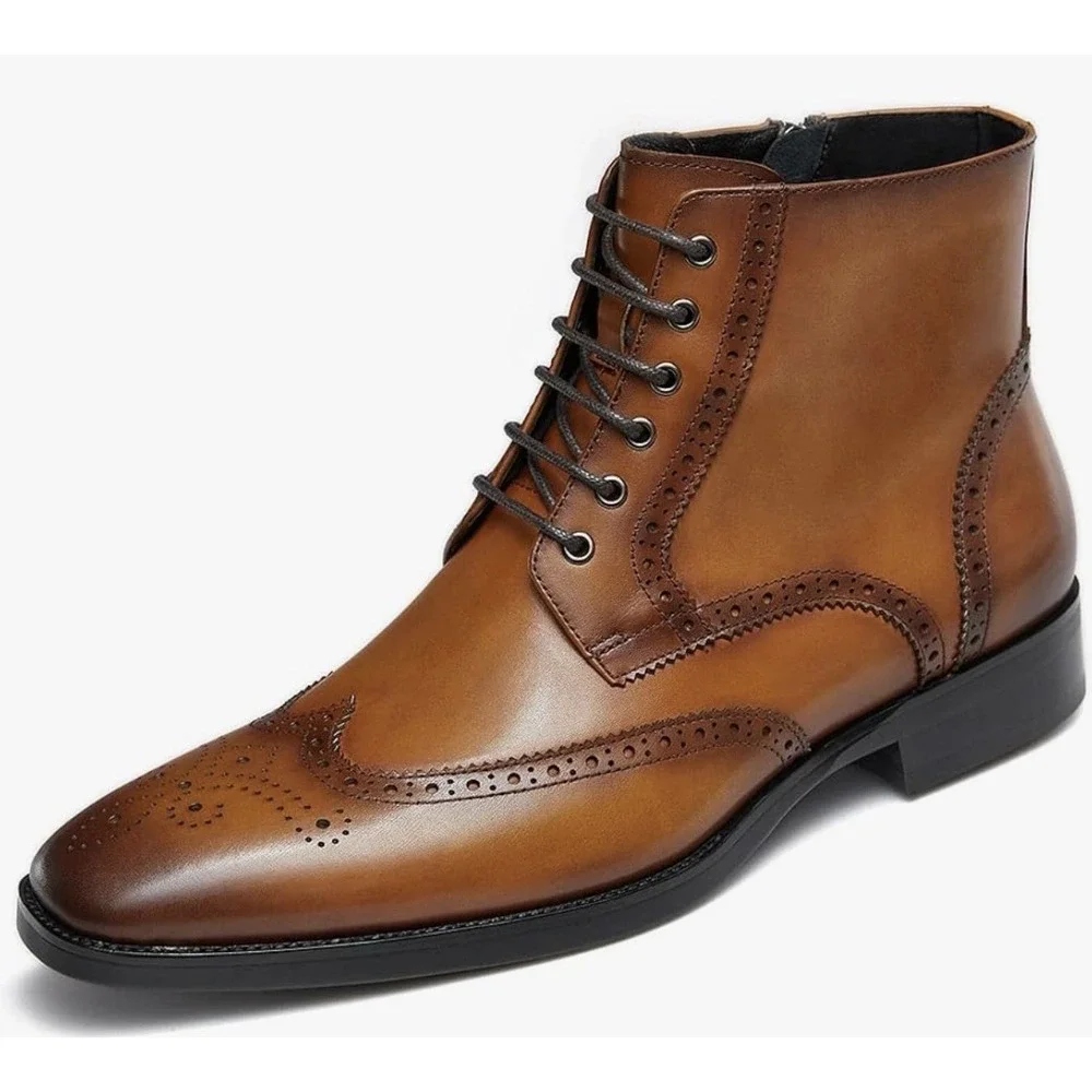 GIFENNSE Men's Wingtip Dress Boots Brown Size 12 Lace-Up Ankle Boots New Box